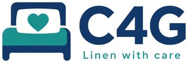 C4G logo: a bed with a heart-shaped pillow, Linen with care